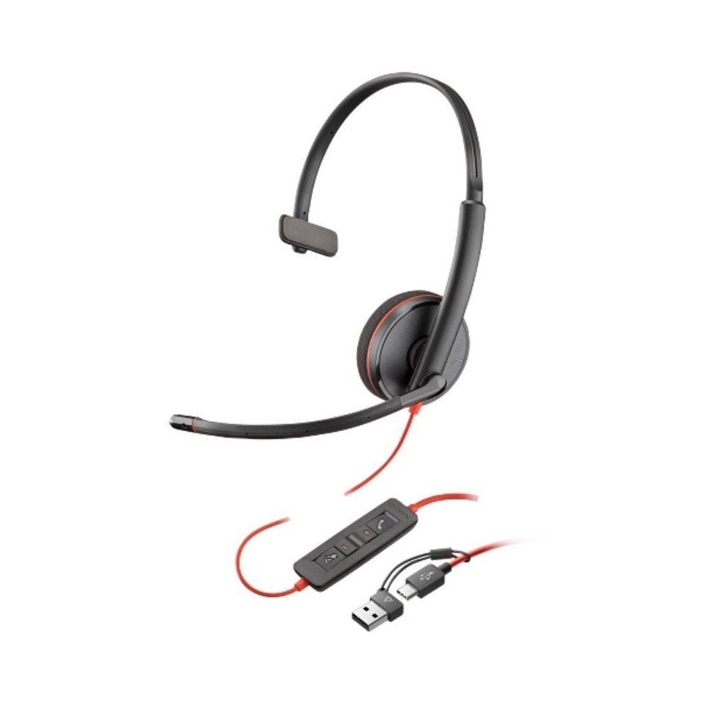 Auricular Poly Blackwire 3210 + Adaptador USB-C/A/ con Micrófono/ USB Tipo-C/ Bulk/ Negro