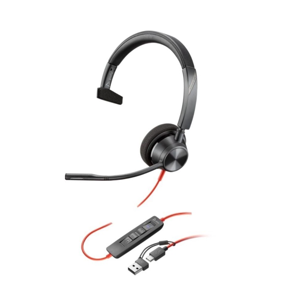 Auricular Poly Blackwire 3310 para Microsoft Teams + Adaptador USB-C/A/ con Micrófono/ USB Tipo-C/ Negro