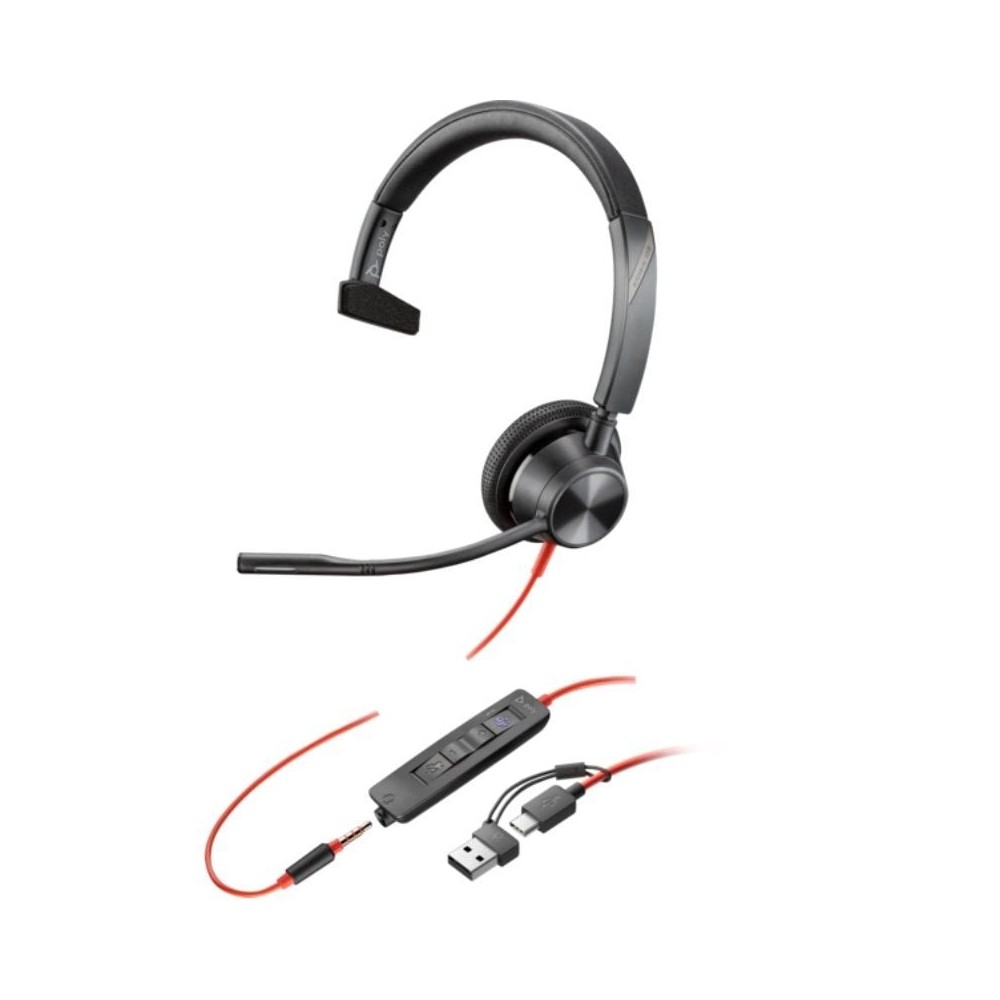 Auricular Poly Blackwire 3315 para Microsoft Teams + Adaptador USB-C/A/ con Micrófono/ Jack 3.5/ Negro