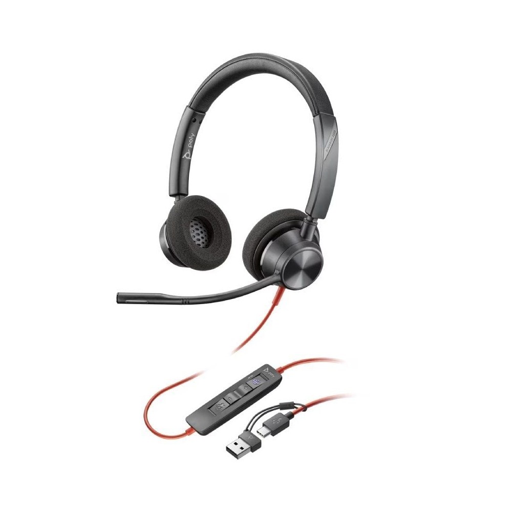 Auriculares Poly Blackwire 3320 para Microsoft Teams USB-C + Adaptador USB-C/A/ con Micrófono/ USB Tipo-C/ Negros