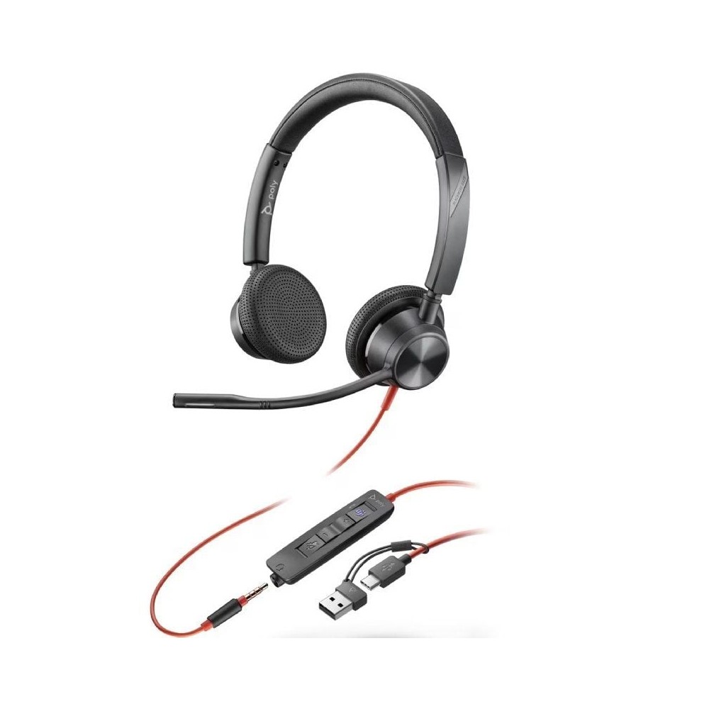 Auriculares Poly Blackwire 3225 para Microsoft Teams + 3.5 mm + Adaptador USB-C/A/ con Micrófono/ Jack 3.5 - USB Tipo-C/ Negros