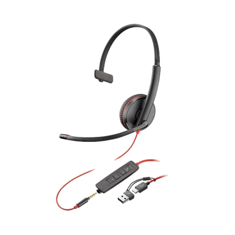 Auricular Poly Blackwire 3215 + Adaptador USB-C/A/ con Micrófono/ Jack 3.5mm/ Negro
