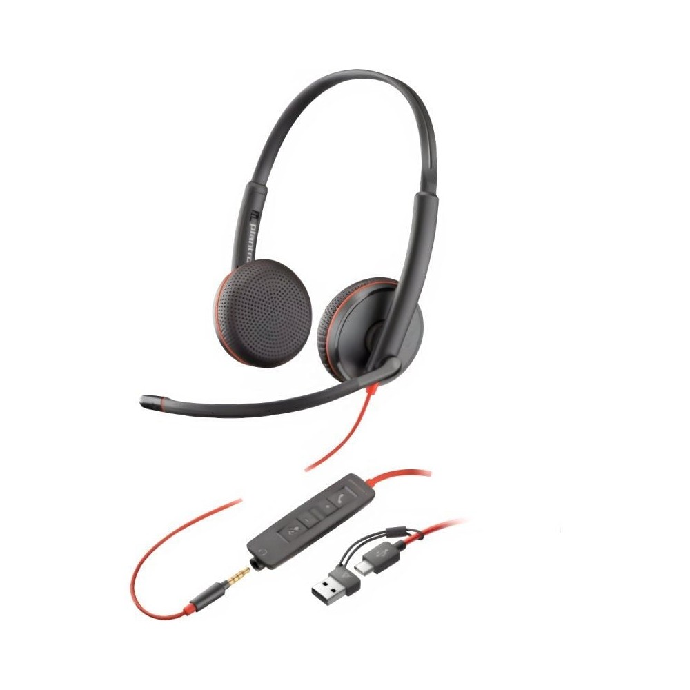 Auriculares Poly Blackwire 3225 + 3.5 mm + Adaptador USB-C/A/ con Micrófono/ Jack 3.5 - USB Tipo-C/ Bulk/ Negros