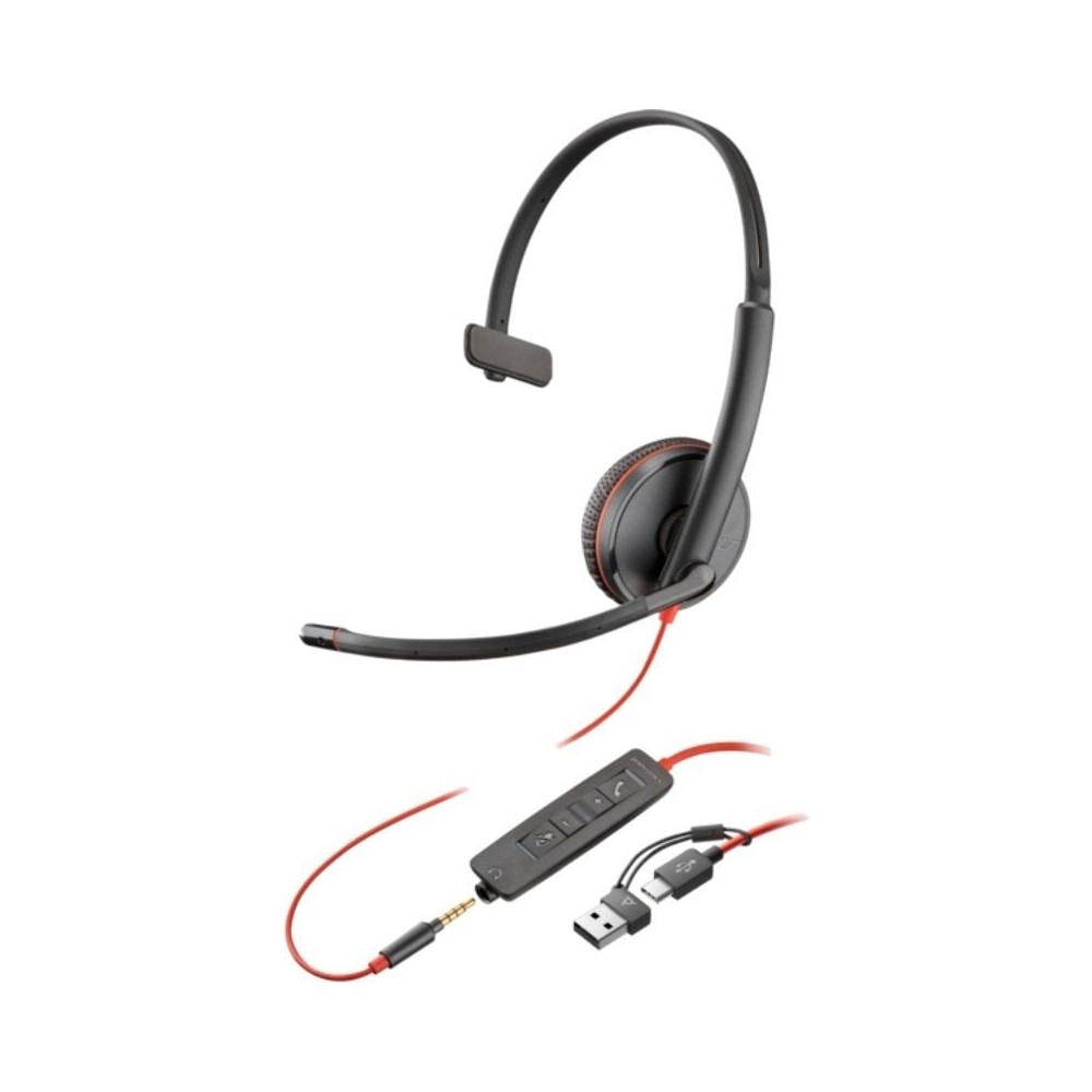 Auricular Poly Blackwire 3215 + 3.5mm + Adaptador USB-C/A/ con Micrófono/ Jack 3.5 - USB Tipo-C/ Bulk/ Negro