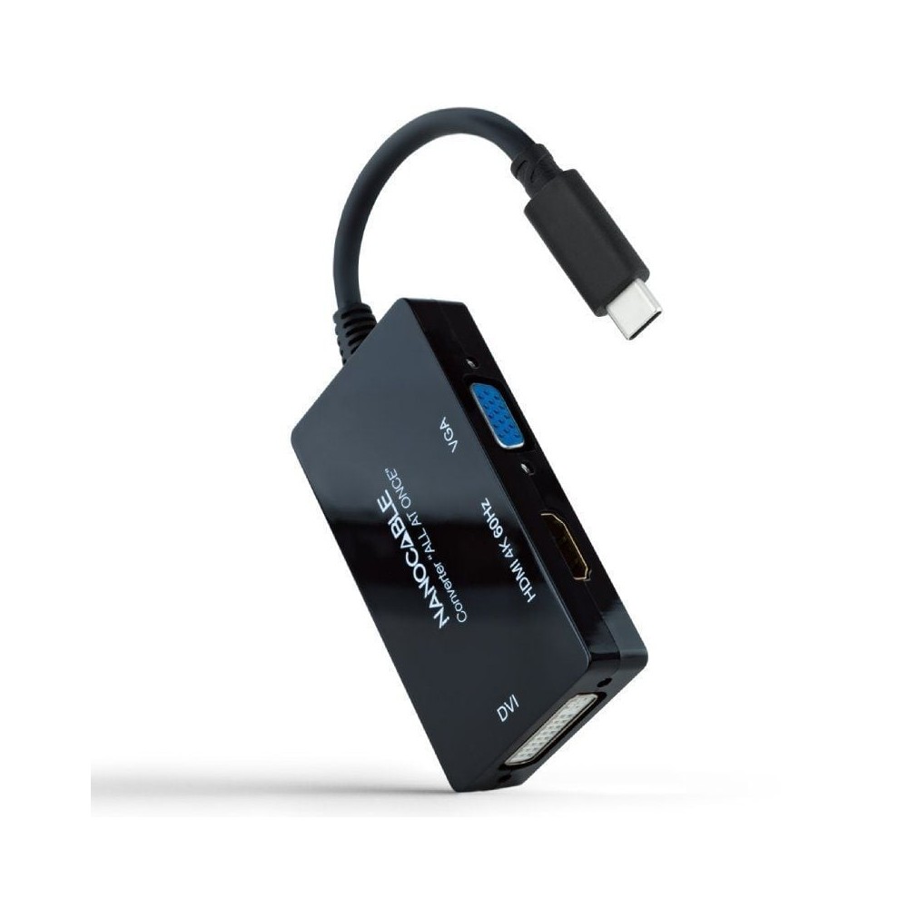 Conversor Nanocable 10.16.4301-ALL/ USB Tipo-C Macho - HDMI Hembra - DVI-I Hembra - VGA Hembra/ 20cm/ Negro | NANO CABLE