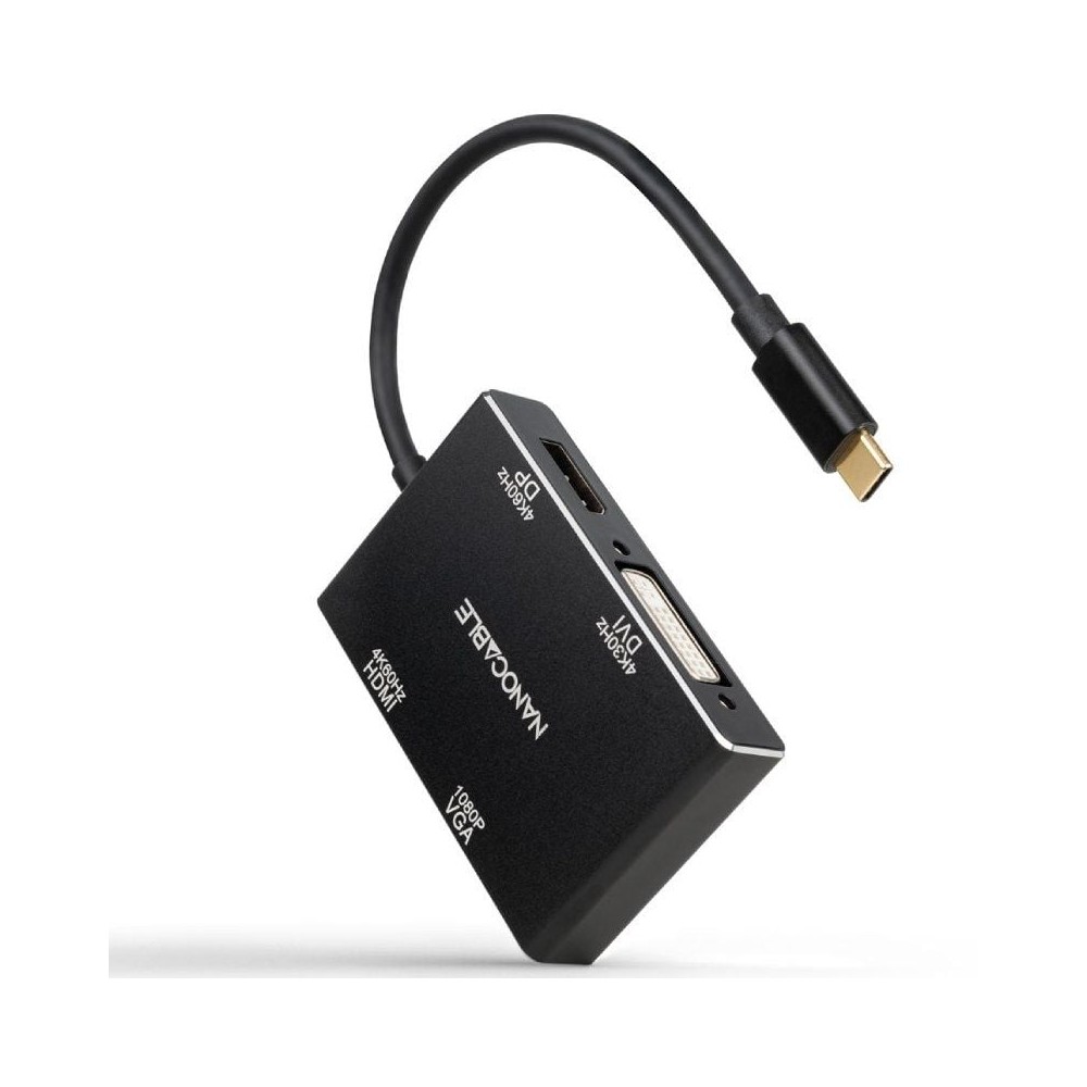 Conversor Nanocable 10.16.4307/ USB Tipo-C Macho - VGA Hembra/ DVI Hembra/ HDMI Hembra/ DisplayPort Hembra/ 10cm/ Negro | NANO C