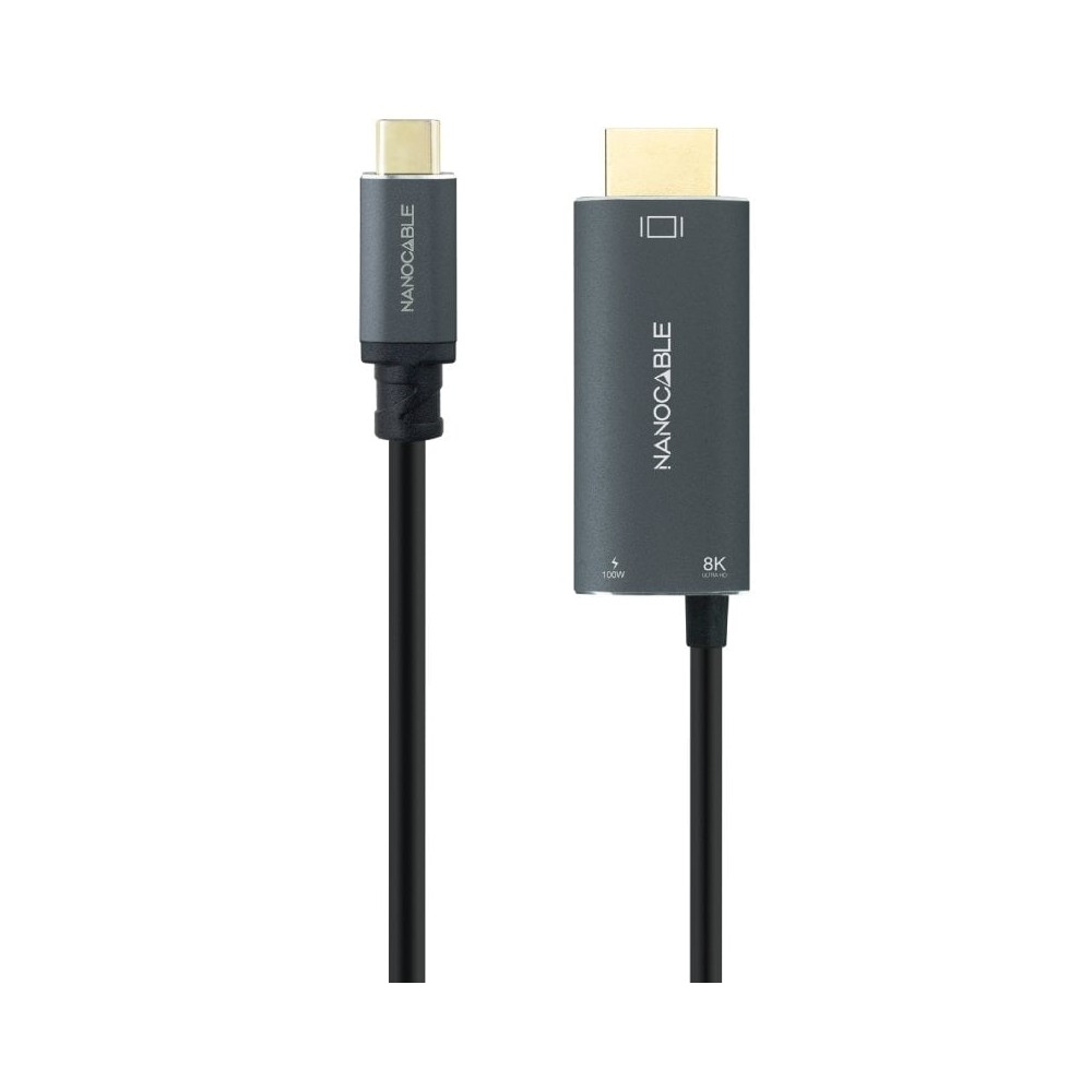 Cable Conversor Nanocable 10.15.5182/ USB Tipo-C Macho - HDMI 8K Macho/ USB Tipo-C Hembra/ Hasta 100W/ 1.8m/ Negro | NANO CABLE