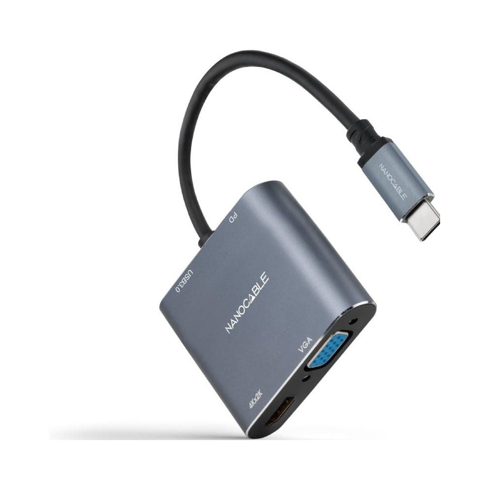 Conversor Nanocable 10.16.4304/ USB Tipo-C Macho/ HDMI 4K Hembra - VGA Hembra - USB Tipo-C PD Hembra - USB Hembra/ 15cm/ Gris | 