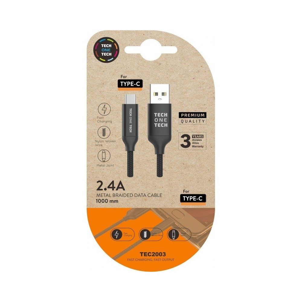 Cable USB 2.0 Tipo-C Tech One Tech TEC2003/ USB Tipo-C Macho - USB Macho/ 480Mbps/ 1m/ Negro