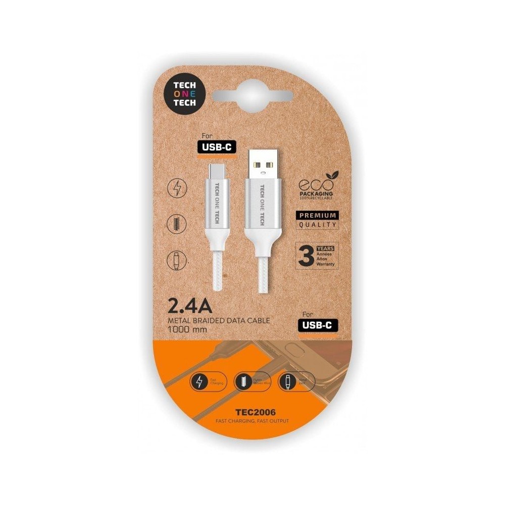 Cable USB 2.0 Tech One Tech TEC2006/ USB Tipo-C Macho - USB Macho/ 480Mbps/ 1m/ Blanco