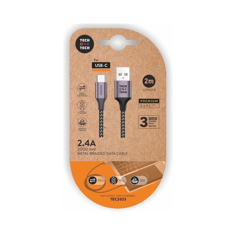 Cable USB 2.0 Tipo-C Tech One Tech TEC2023/ USB Tipo-C Macho - USB Macho/ 2m/ Gris