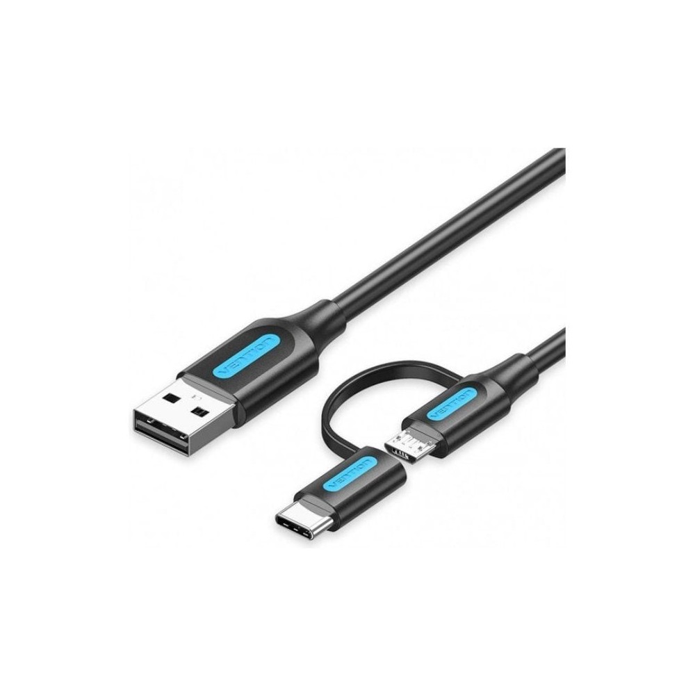 Cable USB 2.0 Vention CQDBD/ USB Macho - MicroUSB Macho/ USB Tipo-C Macho/ 480Mbps/ 50cm/ Negro