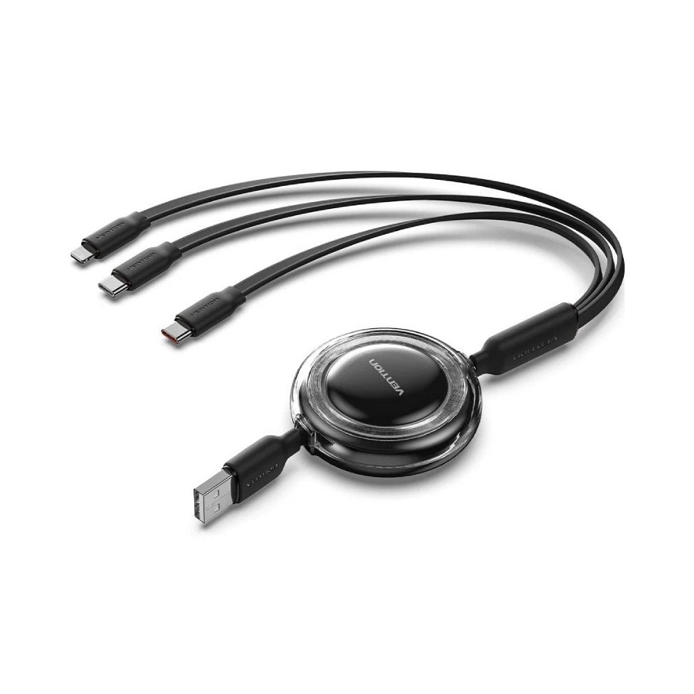 Cable USB Retráctil Vention TRJBBE/ USB Macho - Lightning/ 2xUSB Tipo-C/ Hasta 17.5W/ 10Gbps/ 1.1m/ Negro
