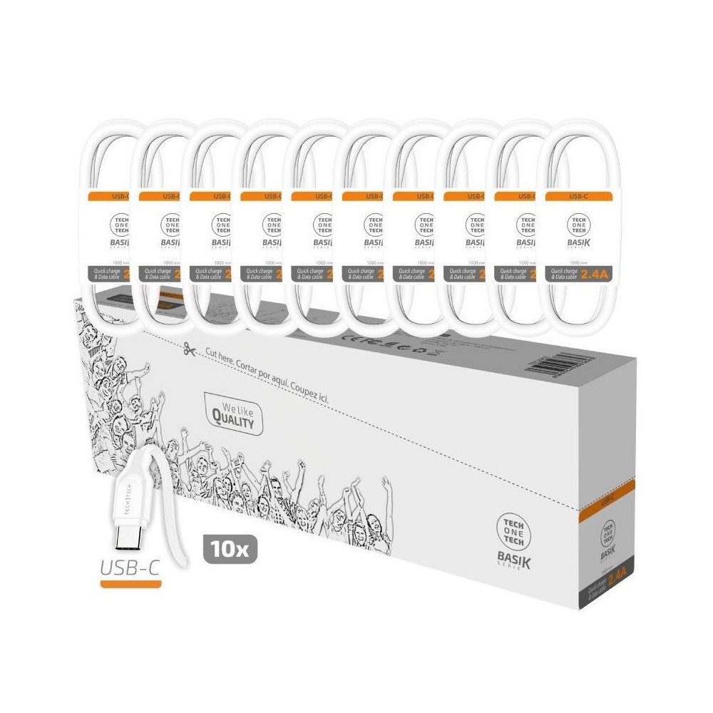 Pack 10 Cables USB 2.0 Tech One Tech Basik TEC2953/ USB Macho - USB Tipo-C Macho/ 1m/ Blanco