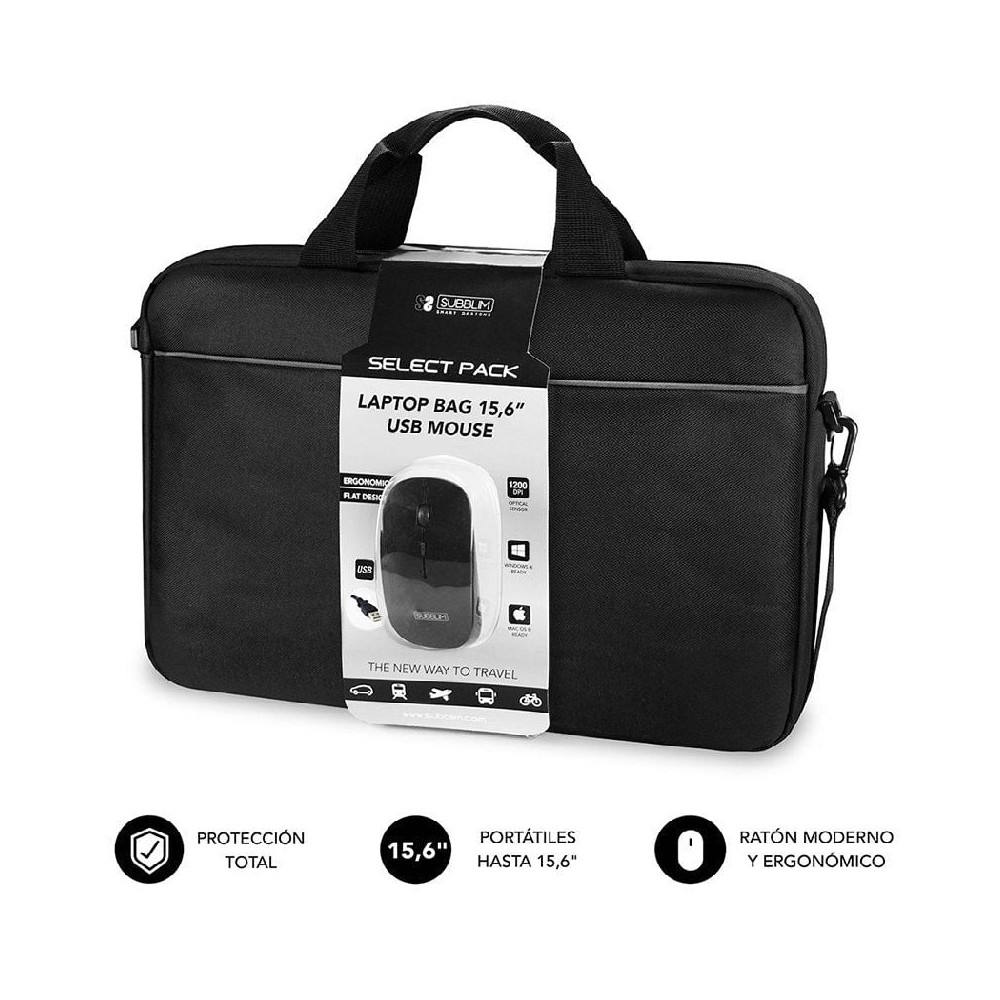 Maletín + Ratón Subblim Select Pack para Portátiles hasta 15.6'/ Cinta para Trolley/ Negro