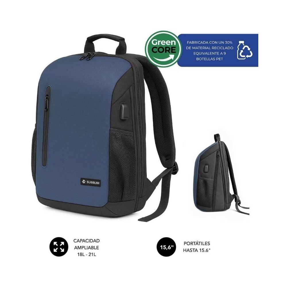 Mochila Subblim Xpand Air Padding Backpack para Portátiles hasta 15.6'/ 21L/ Puerto USB/ Azul