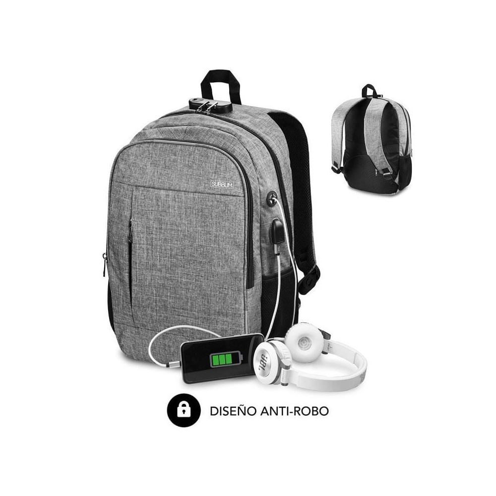 Mochila Subblim Urban Lock para Portátiles hasta 16'/ Puerto USB/ Antirrobo/ Gris
